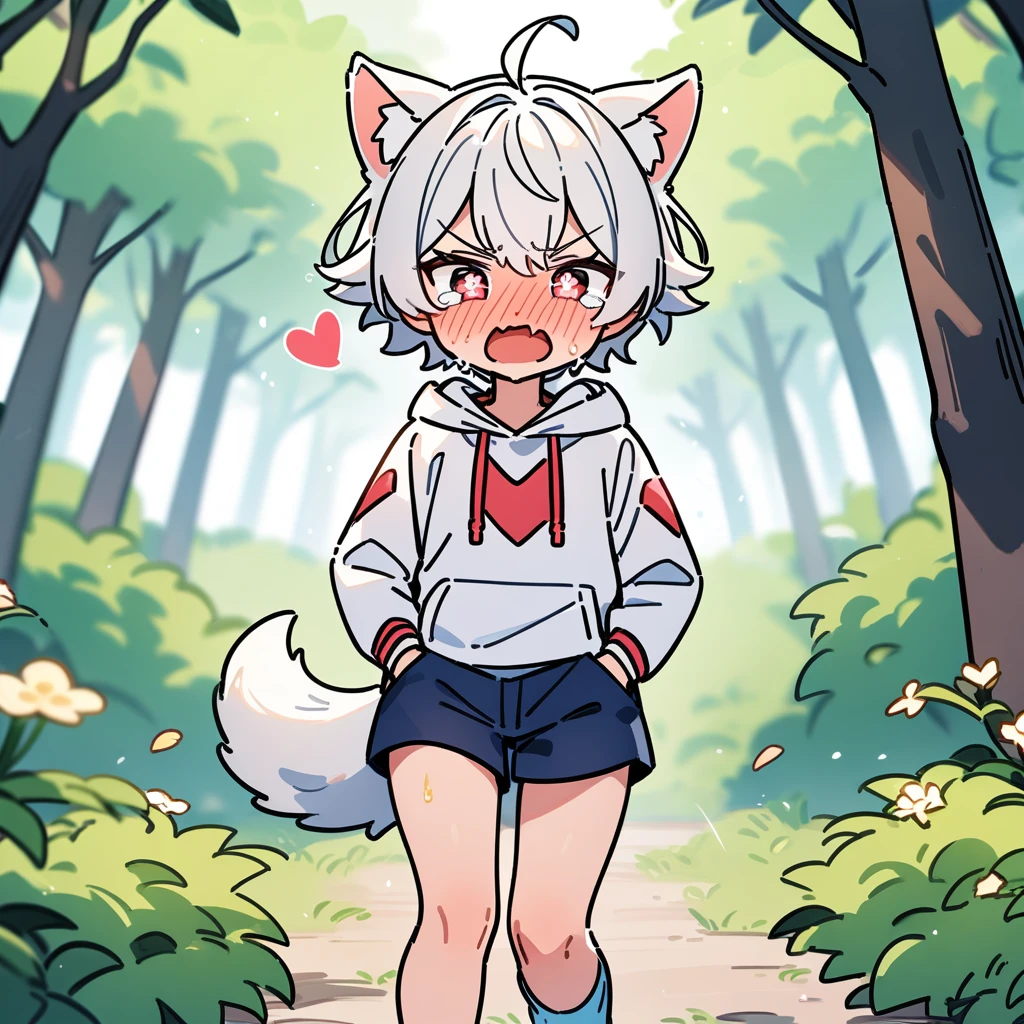 （masterpiece：1.2，high quality），8K，High resolution，A seven-year-old boy，cute boy，white hair，short hair，red eyes，heart-shaped pupils， ahoge，cat ears，full-face blush，pain，angry，tears，skin fang，Halation，Wearing a white hoodie，Dark blue shorts，Pee，Stand in the forest，There are flowering trees on both sides.，primary school student，thigh，alone，dog tail，（Put your hands in your pockets）