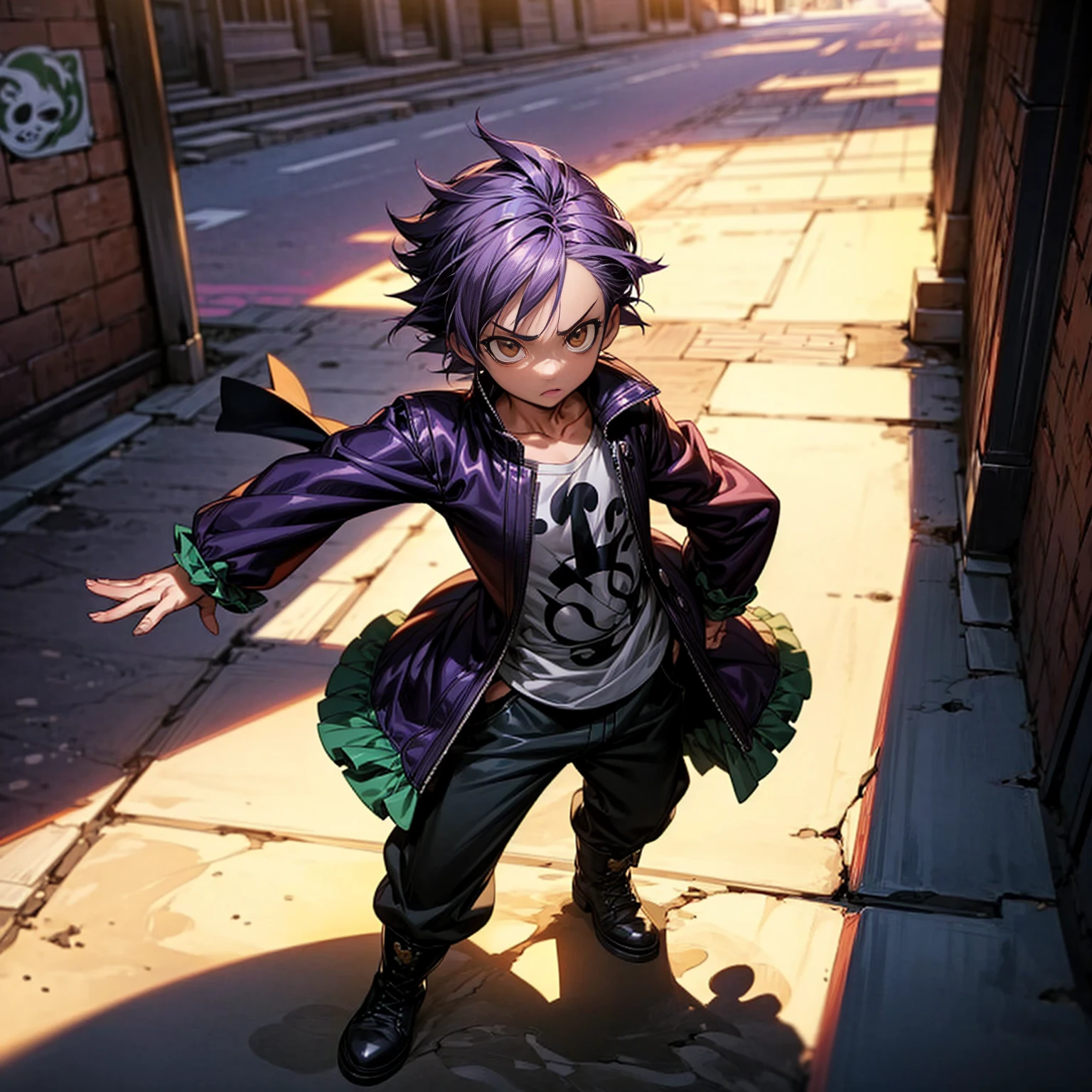 1character, full body version, character is little boy version, hazel eyes, dark purple colour hair, Shaggy hairstyle, clothing style is punk, boots, Grassroots background in city, motion blur, shadow, (one piece style art)