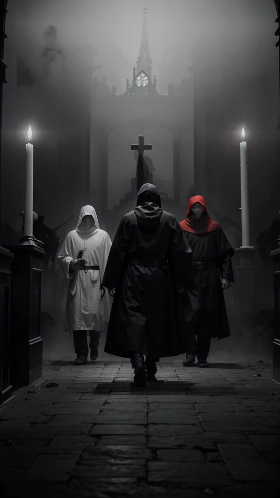 a black and white and red hand drawing, a group of ghost wearing big long red hooded robes holding church candels in the mist,a black and white drawing of a man holding a sword walking in the middle of ghostly robed figures, inspired by Gustave Dore, ghostly athmosfere, hounted, fog, Misty dark solemn athmosphere