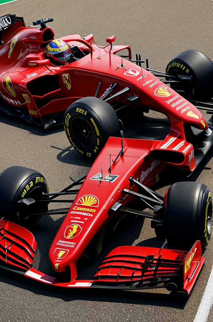 A Formula 1 single-seater, of the Ferrari team with red colors and gold details in logos and shields