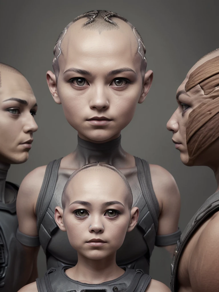 (((Masterpiece))), (high quality),Grey type aliens, girl alien,5 heads,(Skinhead,Gray aliens,Large, dark, almond-shaped eyes,:1.5),(No hair, no whites, no ears:1.5),Wearing a silver body-fitting suit,Plain background