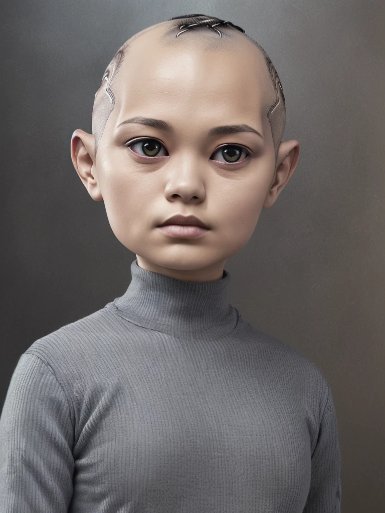 (((Masterpiece))), (high quality),Grey type aliens,15 year old girl alien,5 heads,(Skinhead,Gray aliens,Large, dark, almond-shaped eyes,:1.5),(No hair, no whites, no ears:1.5),Wearing a silver body-fitting suit,Plain background