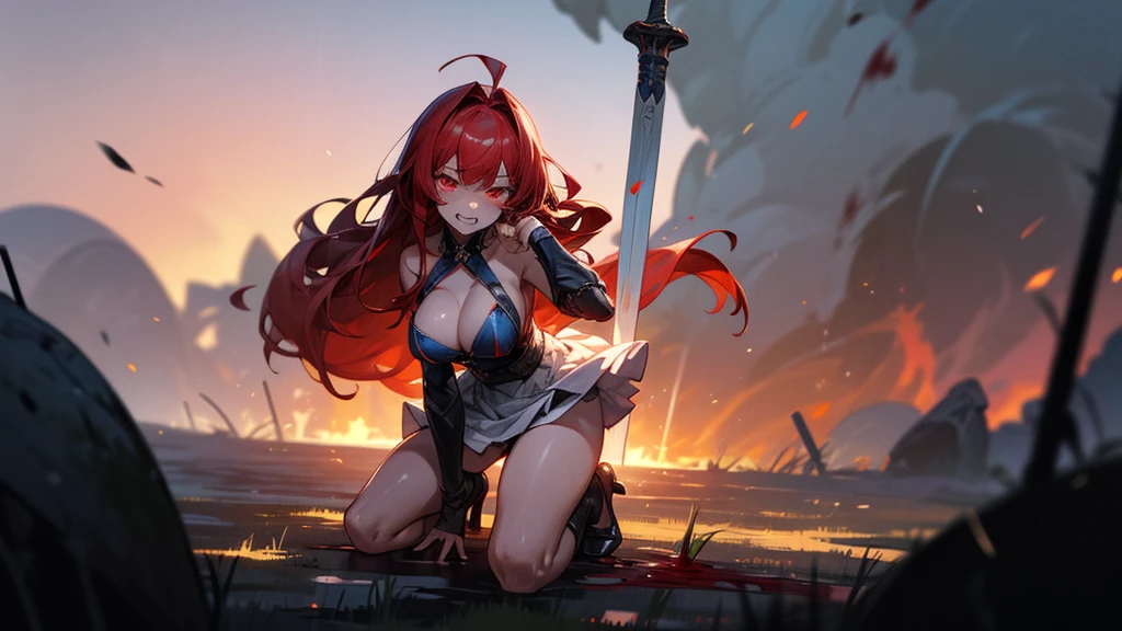 weird atmosphere, (best quality:1.1), (masterpiece:1.2), high quality shadow, beautiful detailed, (high detailed skin, skin details), (wide landscape, 8k), depth of field, highres, best illumination, (sexy), outdoors, blurry background, HD hair, beautiful face, perfect skin, red hair, long hair, (big breasts), blood particles, (night), sharp teeth, glowing red eyes, blood on face, blood on clothes, blood splashing, female knight dying in the war fields, white dress, leavage, stocking, high heels, kneel pose, close to viewer, gripping blue flame sword, in the grassland, foggy, wet body, wet hair, hair fluttering, bare shoulder, blue flame, explosion