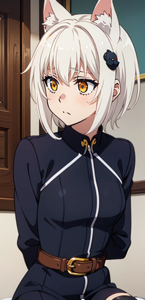 best quality, (masterpiece:1.2), highly detailed, cat ears, 1girl, tojou koneko, yellow eyes, white hair, short hair, hair ornament, 20-year-old, healthy skin, blushed,kneeling ,(ringed eyes ),(( bdsm))