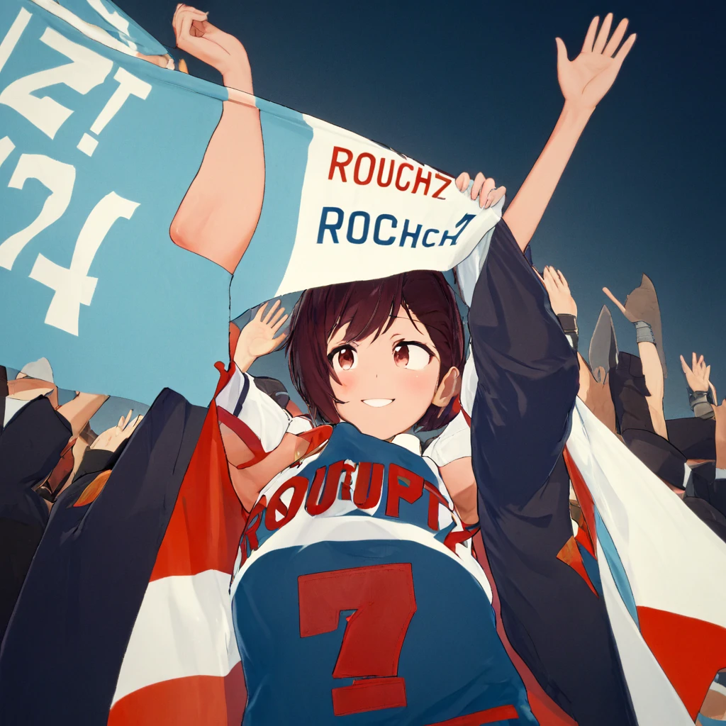 A photograph in wide view. A woman smiles and holds up a cloth banner,and  Waving it above her head, its a sign saying "rouch7". wears a navy red jersey with a white collar. On the shirt there is big text "rouch7". on a light blue background.