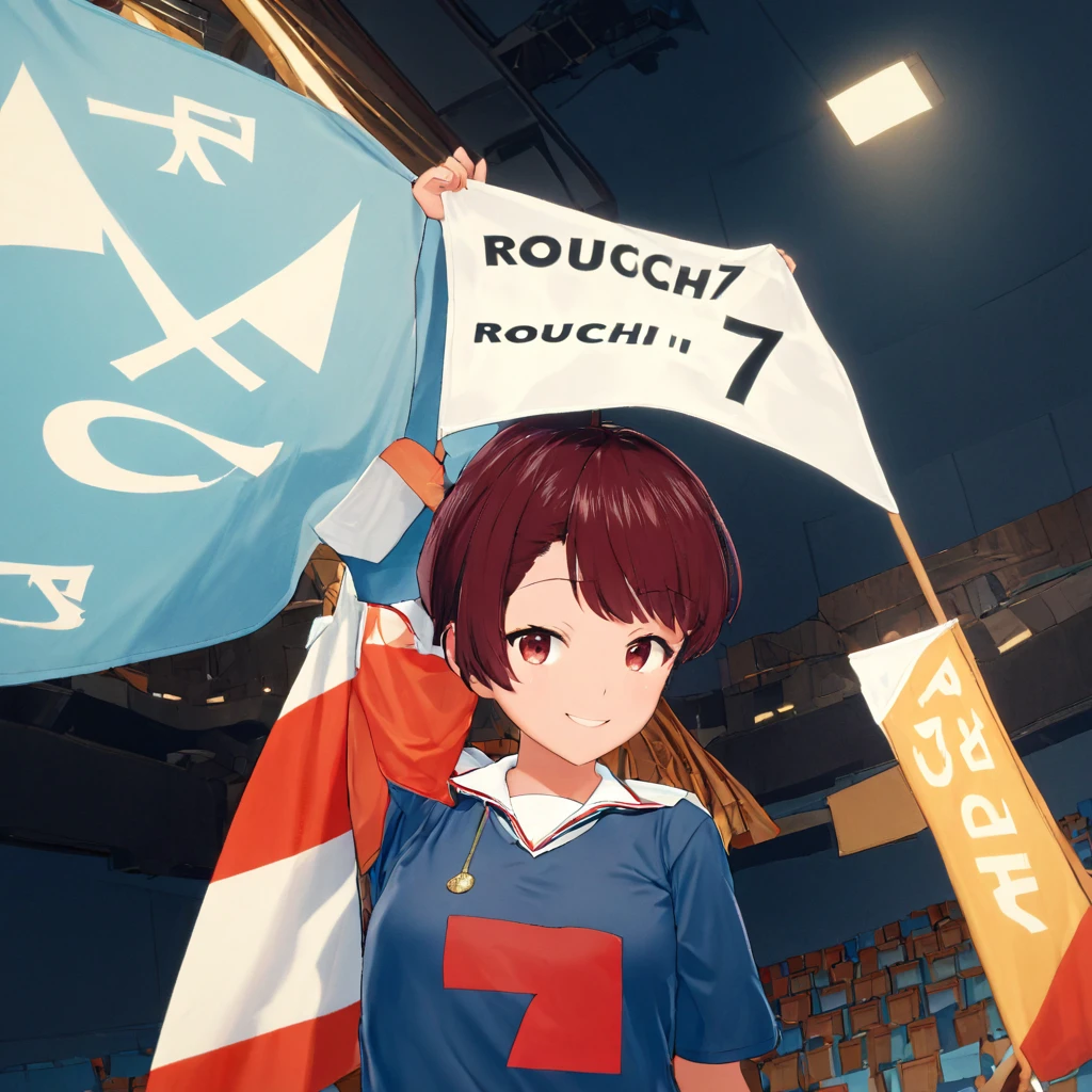 A photograph in wide view. A woman smiles and holds up a cloth banner,and  Waving it above her head, its a sign saying "rouch7". wears a navy red jersey with a white collar. On the shirt there is big text "rouch7". on a light blue background.