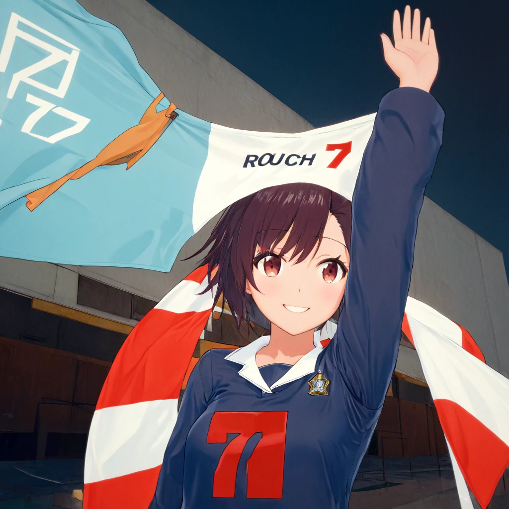 A photograph in wide view. A woman smiles and holds up a cloth banner,and  Waving it above her head, its a sign saying "rouch7". wears a navy red jersey with a white collar. On the shirt there is big text "rouch7". on a light blue background.