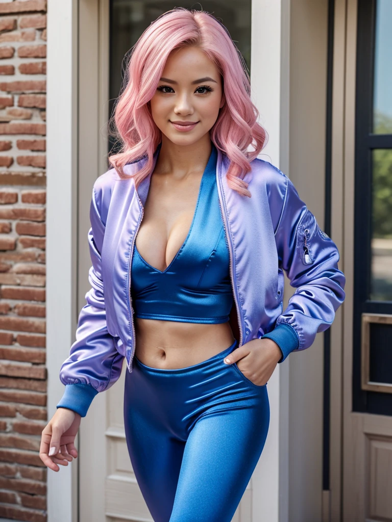 smile, Photo realistic, High resolution, detailed background, detailed beautiful skin, detailed nose, soft lighting, (solo shot:1.23), (upper body:1.1), closed shot, (breast focused:1.3), looking at viewer, (((nice hand, perfect hand))), clear eyes,// japanese lady, pale skin, (((cleavage))), mega breasts, 20 year old, // (((wearing royal blue satin nike Bomber Jacket with satin leggings))), pink hair, street snap, ((facing viewer)), walking up to a front door in a suburban neighborhood, ((standing))