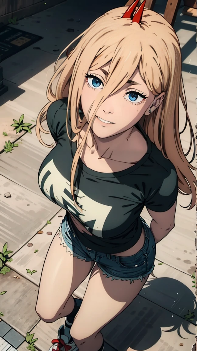 ultra sharp image, beautiful figure, beautiful, full length (full body 1.1.), slender legs, buttocks, slender legs, Wasp waist, erotica, sexy pose, Mouth open in a smile, sharp teeth, laughing, yellow eyes, ultra detailed face, Ultra transparent, Chainsaw Man Energy, Two red sharp horns on the head, ultra sharp image, very beautiful, long hair, blonde, beautiful figure, tight clothes, T-shirt with the image of a cat, denim shorts, shoes, Red crosses and circles instead of pupils, Beautiful body, sexy clothes, Beautiful eyes, very detailed eyes, Very detailed face, Beautiful body, Chereter Design, Very detailed, detailed body, detailed hands, detailed, bright, detailed Face, sharp focus, clap, Artgerm, anime art, bright, detailed Face, Hugh Details, sharp focus, Very downcast face, detailed eyes, Super lovely illustration, best shadow, finely detail, beautiful detail