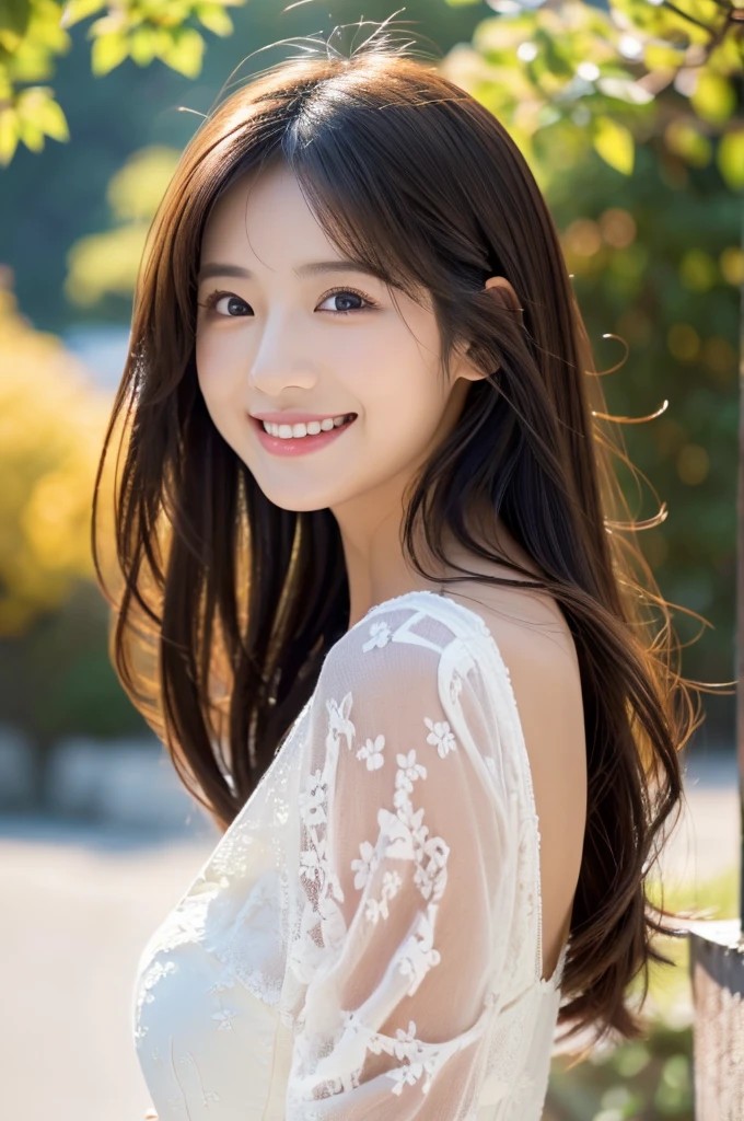 Image resolution 8K、masterpiece:1.3)、Beauty、1 female、(魅力的なBody Type:1.2)、abdomen:1.1、Dark brown hairstyle:1.1、(Body Type:1.2)、Ultra-detailed face、Attractive lips、double eyelid、Wearing a white lace one-piece dress、Super realistic and super cute in every detail、Japanese、Japanese女性、20th generation(28 years old)、Smile with a beautiful smile、Hair blowing in the wind、color々Hair style、