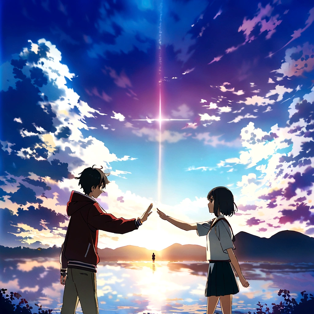 アニメ, some people standing on a beach near a lake, Seu Nome, Seu Nome movie style, Kimi No Na Wa, filme de アニメ background, Makoto Shinkai&#39;s film, filme de アニメ, movie art, Sakimichan e Makoto Shinkai, movie promotional art, ( ( makoto shinkai ) ), cinematic | | muito アニメ