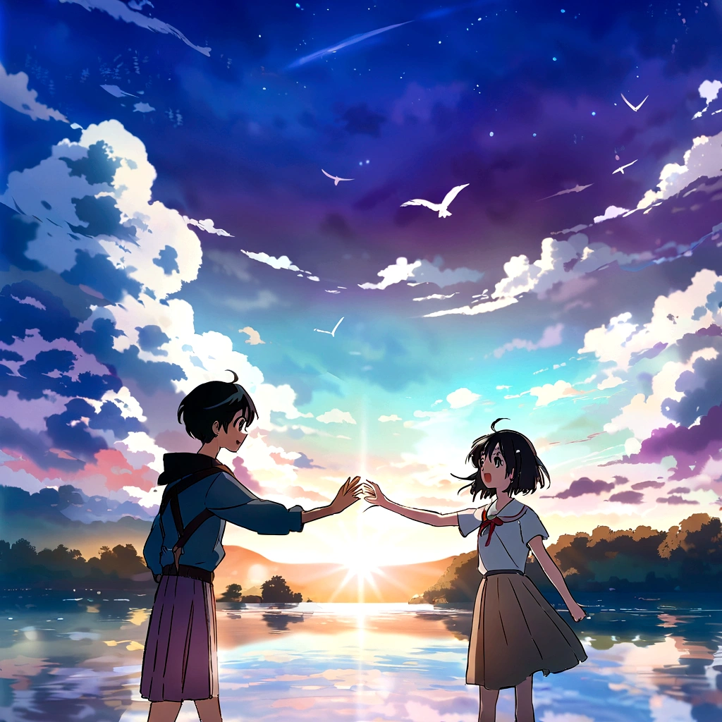 アニメ, some people standing on a beach near a lake, Seu Nome, Seu Nome movie style, Kimi No Na Wa, filme de アニメ background, Makoto Shinkai's film, filme de アニメ, movie art, Sakimichan e Makoto Shinkai, movie promotional art, ( ( makoto shinkai ) ), cinematic | | muito アニメ