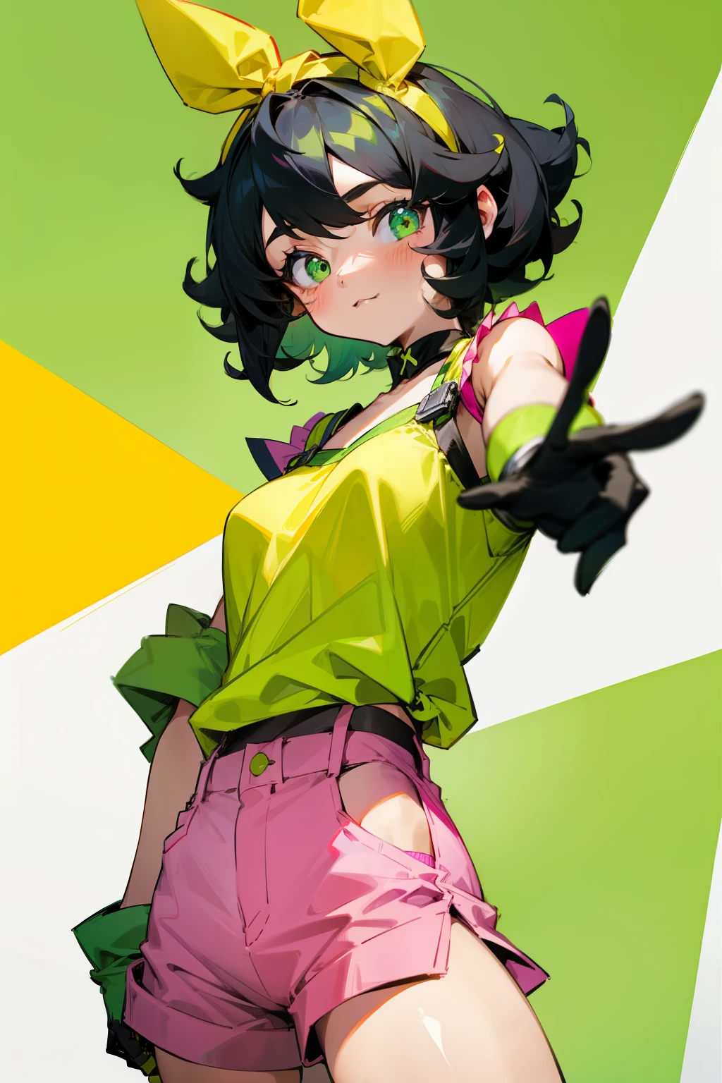 Cute girl, short curly black hair, green headband, green gloves, yellow shirt, pink shorts, big
