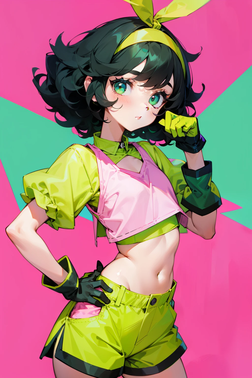 Cute girl, short curly black hair, green headband, green gloves, yellow shirt, pink shorts, big