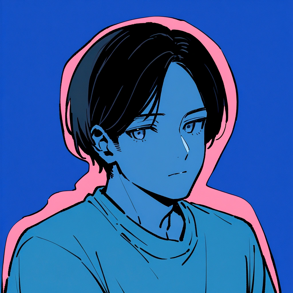 male、Beautifully straight, center parted、male、Medium black hair、profile、profileの待ち受け、黒髪のCenter part that exposes the forehead・profileのイラストアイコン,Black hair center part、Flat painting - Portrait:30代前半のmaleで、Hair should be parted in the center。 ·atmosphere:It has a stylish atmosphere.、Simple fill、With a bright feeling、Center part that exposes the forehead,Blue background、For SNS icons、T-Shirts、Solid blue background,Short cut、