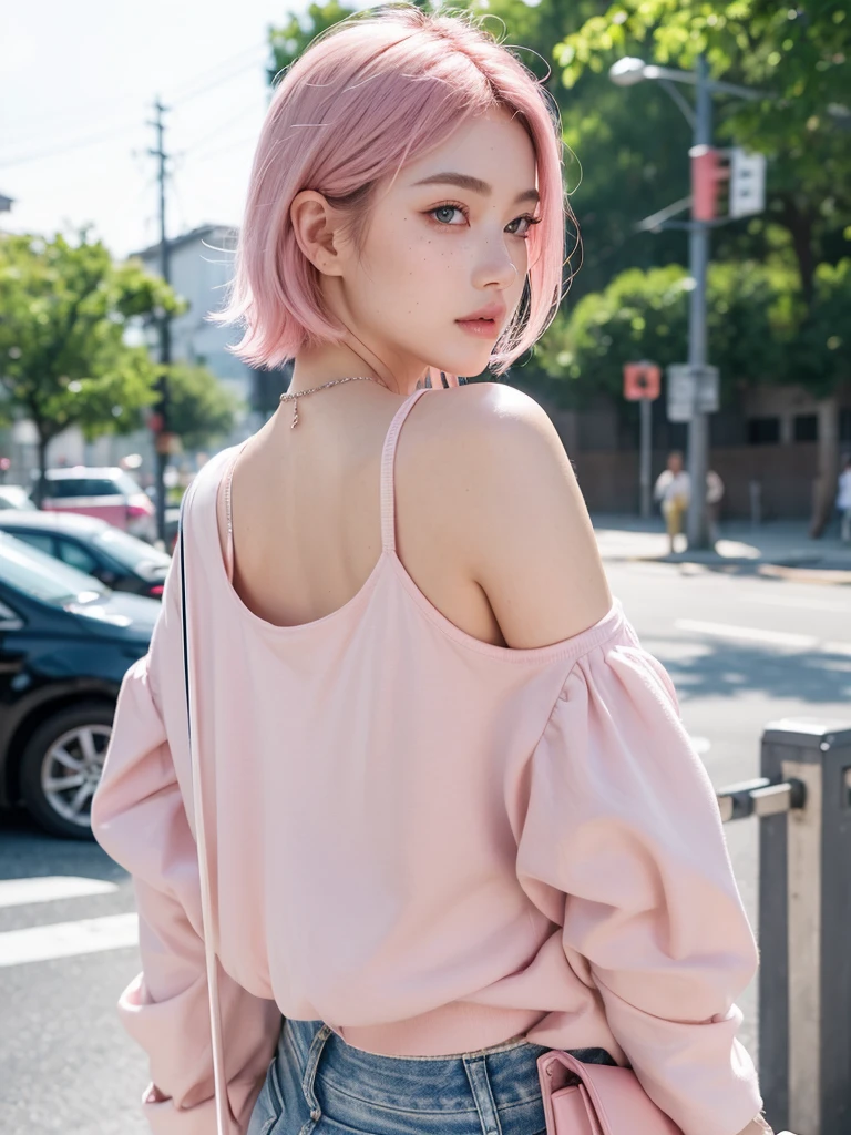 Background ( japanese style ) , standing near a electric pole, camara angle back-side, looking back side, wearing sunglasses Cute girl short pink hair, wearing Jean's and tshirt ,with a purse 👜 on hand ,all her hair short pink , with a star clip in her pink hair, light colored eyes, pretty eyes, crying eyes, pretty, upturned nose, watery nose, Pretty lips, pink lips, heart and cupid shaped lip, pretty skin, pale, White skin, with moles and freckles all over his face, soft pink blush on the cheeks, natural pink blush, soft pink makeup, Jennie, nice neck, marked collar, frown, tender look, with a kiss necklace, while having a bare abdomen, Delgado, marked and pretty, (big breasts, soft breasts, nice breasts), photorealism, 8k , photorealistic