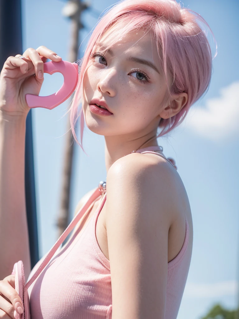 Background ( japanese style ) , standing near a electric pole, camara angle back-side, looking back side, wearing sunglasses Cute girl short pink hair, wearing Jean's and tshirt ,with a purse 👜 on hand ,all her hair short pink , with a star clip in her pink hair, light colored eyes, pretty eyes, crying eyes, pretty, upturned nose, watery nose, Pretty lips, pink lips, heart and cupid shaped lip, pretty skin, pale, White skin, with moles and freckles all over his face, soft pink blush on the cheeks, natural pink blush, soft pink makeup, Jennie, nice neck, marked collar, frown, tender look, with a kiss necklace, while having a bare abdomen, Delgado, marked and pretty, (big breasts, soft breasts, nice breasts),  photorealism, 8k , photorealistic 