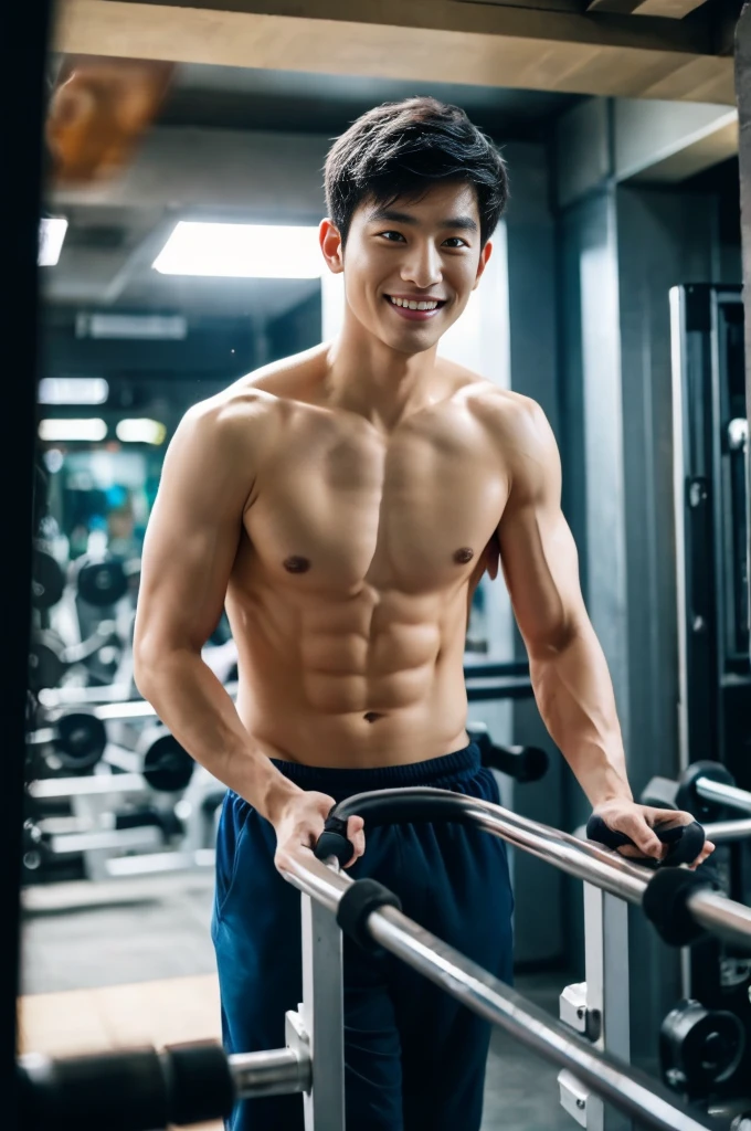Korean man, Inspiration from Peng Yuyan, 30 years old, 236 years old, Cute Korean Face, 35 yo, 33 year old Korean muscular man,The gym is in the back. ,looking to the camera,frontage,high qulity,tmasterpiece,8K.4K,1080P,Light-sensitive, smile, ,wide angle frontage,high qulity,tmasterpiece,8K.4K,1080P,Light-sensitive,