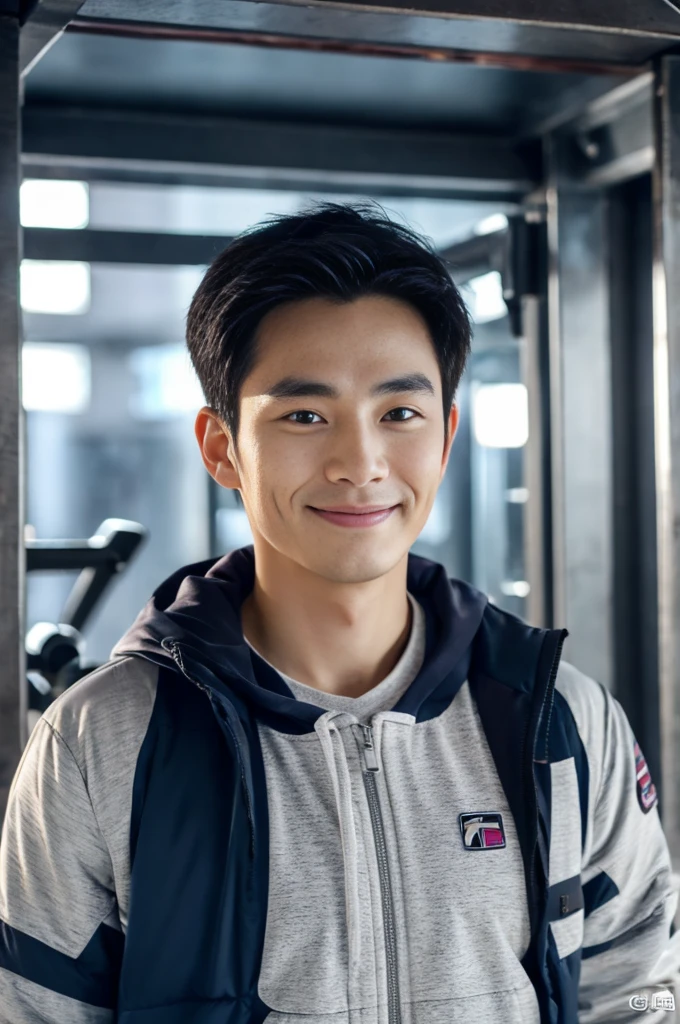 Korean man, Inspiration from Peng Yuyan, 30 years old, 236 years old, Cute Korean Face, 35 yo, 33 year old Korean muscular man，The gym is in the back. ，looking to the camera，frontage，high qulity，tmasterpiece，8K.4K,1080P，Light-sensitive, smile, ,wide angle frontage，high qulity，tmasterpiece，8K.4K,1080P，Light-sensitive, 