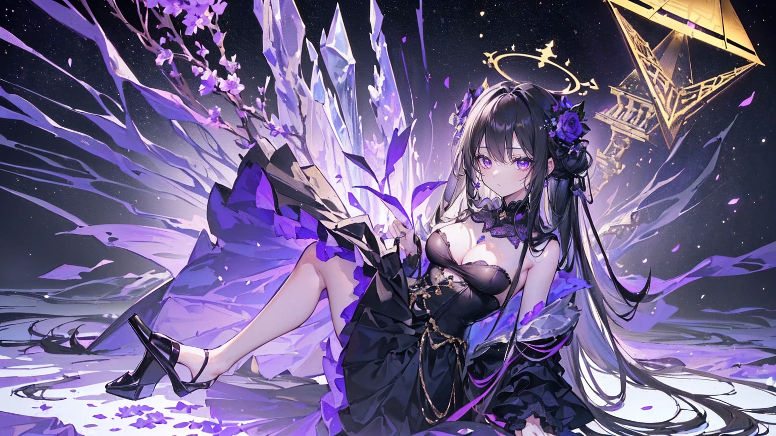 (Super detailed)),((illustration)),((masterpiece)),(((need))),((fine、Highest quality CG Unity 8K wallpapers,masterpiece),((4K,masterpiece,best quality)),woman with long black hair,Confined in a coffin,Mature,Hair tied on both sides,Black and gold tulle long skirt,Noble dress,Black veil,Purple-white halo,Black and purple high heels,Full of flowers,pyramid,Emitting dim purple light,under deep sea,under deep sea的废墟,under deep sea排满棺材,Mysterious symbols