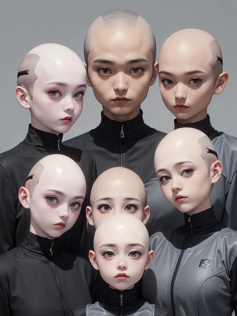 (((Masterpiece))), (high quality),Grey type aliens,15 year old girl alien,5 heads,(Skinhead,Gray aliens,Large, dark, almond-shaped eyes,:1.5),(No hair, no whites, no ears:1.5),Wearing a silver body-fitting suit,Plain background