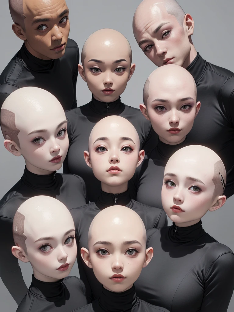 (((Masterpiece))), (high quality),Grey type aliens,15 year old girl alien,5 heads,(Skinhead,Gray aliens,Large, dark, almond-shaped eyes,:1.5),(No hair, no whites, no ears:1.5),Wearing a silver body-fitting suit,Plain background