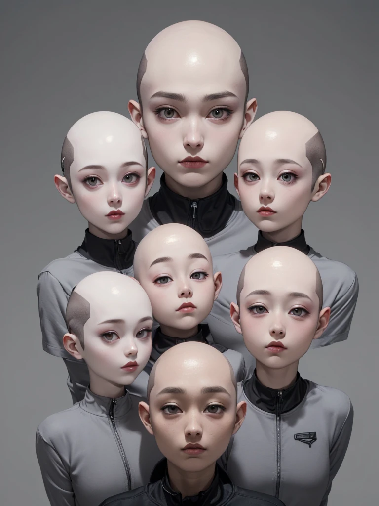 (((Masterpiece))), (high quality),Grey type aliens,15 year old girl alien,5 heads,(Skinhead,Gray aliens,Large, dark, almond-shaped eyes,:1.5),(No hair, no whites, no ears:1.5),Wearing a silver body-fitting suit,Plain background