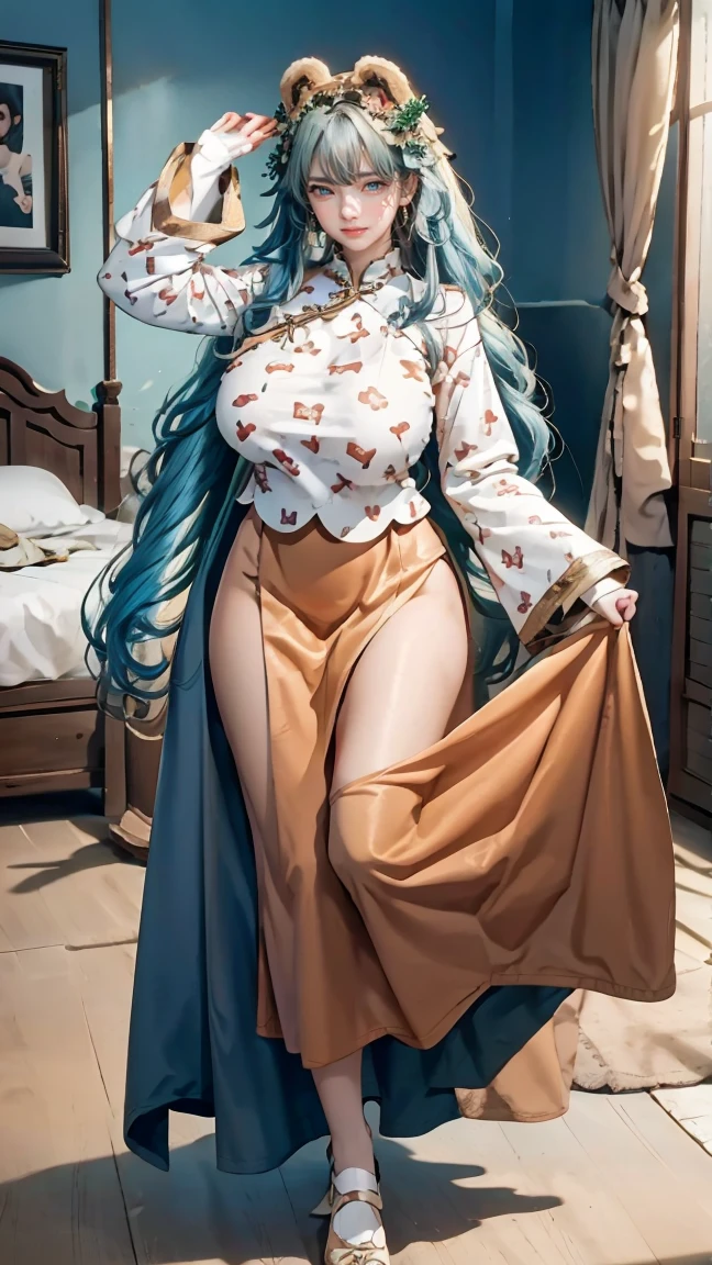 Best quality, masterpiece, ultra high res, raw photo, beautiful and aesthetic, deep shadow, fairy theme,(ultra detailed:1.3),
1girl, dynamic pose, headdress, (beautiful face, detailed eye:1.2), embarrassed, drill hair, long hair, blonde hair, gradient hair, yellow eyes, solo, (busty breasts, gigantic breasts:1.1), big hair, blue hair, divine goddess, looking at viewer, indoors, royal palace, luxurious bedroom, canopy bed, candlelight, room full of curtain, astraea, full body, chinese clothes,bear ears,wide sleeves,sweet print,brown skirt
