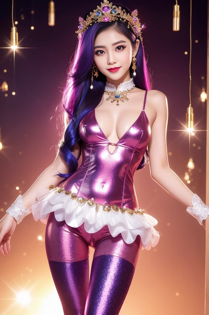 sexy Thai model who controls poison、beautiful smile、lip-gloss、bold lipstick、long lashes, metallic makeup、look at the camera、full body Esbian、、sparkling poisoned flower costume、、、、sparkling Colorful hair、secrete poison、skull hair accessories、sexy tights、shiny sparkling flowers background