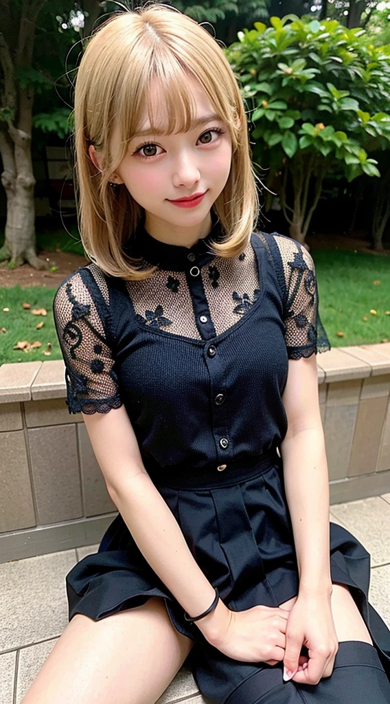 (8K, RAW Photos:1.2),Detailed face and eyes,最high quality, Ultra-high resolution, Very detailed ,Intricate details ,Tabletop ,pretty girl , Soft cinematic light, Hyper Detail,Sharp focus, high quality, outside,Bobcut,Blonde,Browsing Caution, Smile, zettai ryouiki, Skirt, Sit on a chair, Spread your legs, panties