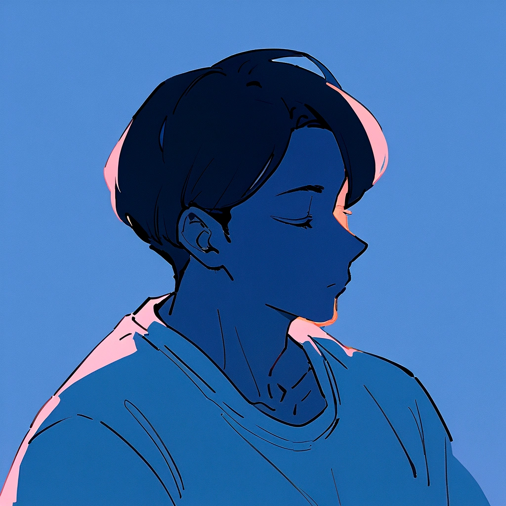 male、綺麗にまとまったストレートのCenter Part、male、Medium black hair、profile、profileの待ち受け、黒髪のCenter Part・profileのイラストアイコン,黒髪Center Part、Flat painting - Portrait:30代前半のmaleで、Hair should be parted in the center。 ·atmosphere:It has a stylish atmosphere.、Simple fill、With a bright feeling、Center Part,Blue background、For SNS icons、T-Shirts、Solid blue background