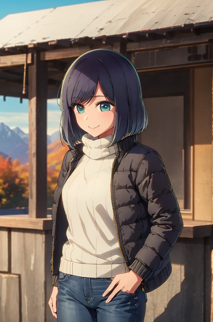 girl, jeans, chunky knit sweater, black puffer jacket, autumn, mountain, smile