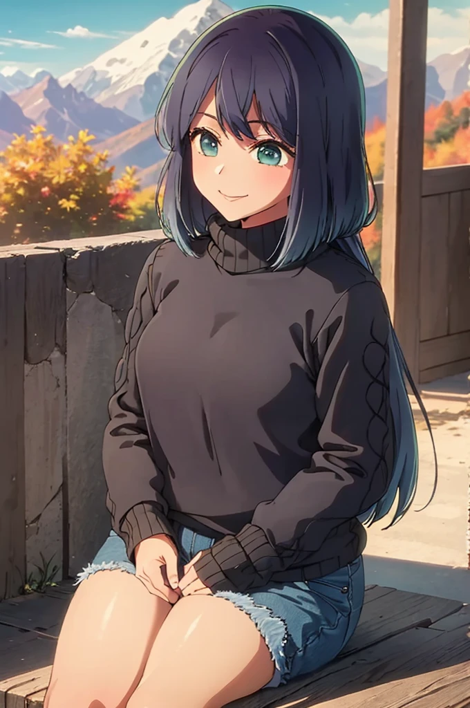 girl, jeans, chunky knit sweater, black puffer jacket, autumn, mountain, smile