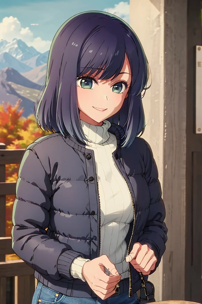 girl, jeans, chunky knit sweater, black puffer jacket, autumn, mountain, smile