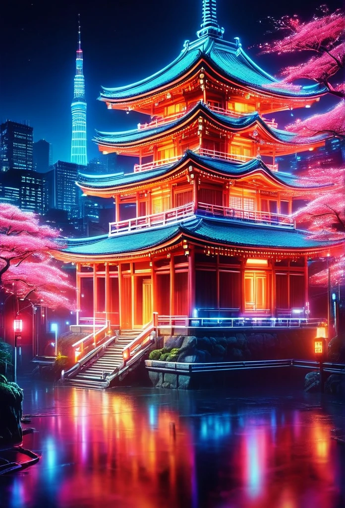 Vaporwave Aesthetic,ネオンカラーで描くCountriesさん,Kyoto,Kiyomizu temple,Around Ninenzaka,Countries,最高にかわいいCountriesさん,kimono,Kiyomizu temple周辺を歩いているCountriesさん,beautiful,rich colors,flash,Very flash,Cast colorful spells,Draw in neon colors on a dark background,Fusion of good old Japanese scenery and modern art,POP Illustration,posters,perfect composition,Design that expresses Japan,works of art