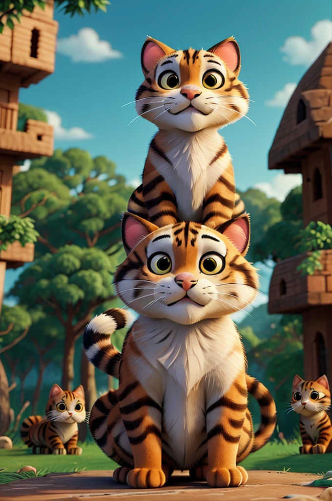 Baghu(cat)bravely standing in front of the big tiger, with the other forest animals watching in awe and admiration. The scene shows Baghu looking up at the tiger with a determined expression.