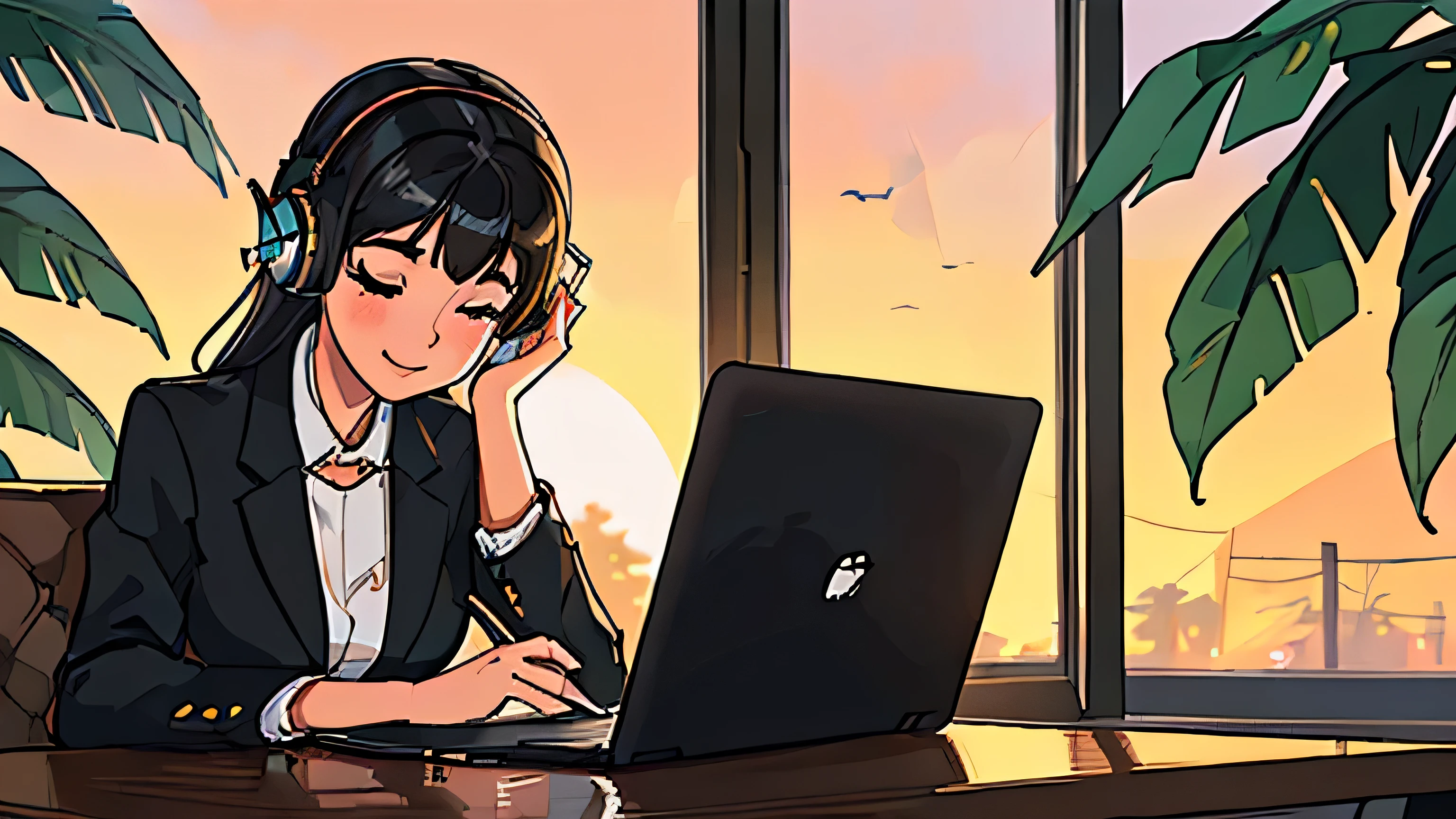 ( high quality , Highly detailed hands ) ( careful hand ) ((masterpiece)),(((最high quality))),((Super detailed)) Realistically, 1 Girl, beautiful, (Stylish cafe),coffee,table,Headphones,(A beautiful girl with black hair studying on a 16-inch laptop while listening to music),Warm lighting,Sunset landscape,(Close ~ eyes),Smile(Close your mouth),Background body,Foliage plant
