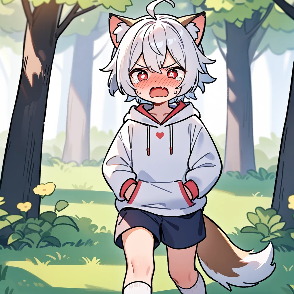 (masterpiece:1.2,high quality),8K,High resolution,A seven-year-old boy,cute boy,white hair,short hair,red eyes,heart-shaped pupils, ahoge,cat ears,full-face blush,pain,angry,tears,skin fang,Halation,Wearing a white hoodie,Dark blue shorts,White socks,Stand in the forest,There are flowering trees on both sides.,primary school student,thigh,alone,dog tail,(Put your hands in your pockets)