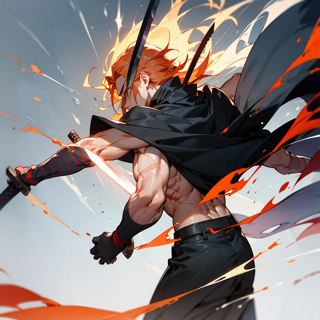 Create a character with long hair, from the back with a large black cape A katana on fire Eyes coming out of rays Black clothing with red stripes A scar on the arm A somewhat muscular body Acting like a swordsman With 4 arms and 5 meters tall