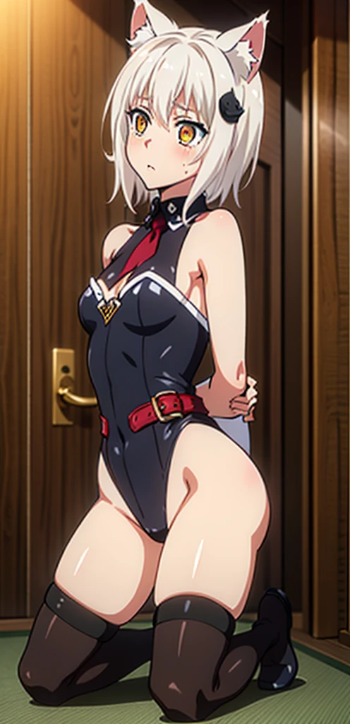 best quality, (masterpiece:1.2), highly detailed, cat ears, 1girl, tojou koneko, yellow eyes, white hair, short hair, hair ornament, 20-year-old, healthy skin, blushed,kneeling ,(ringed eyes ),(( bdsm, mistress))