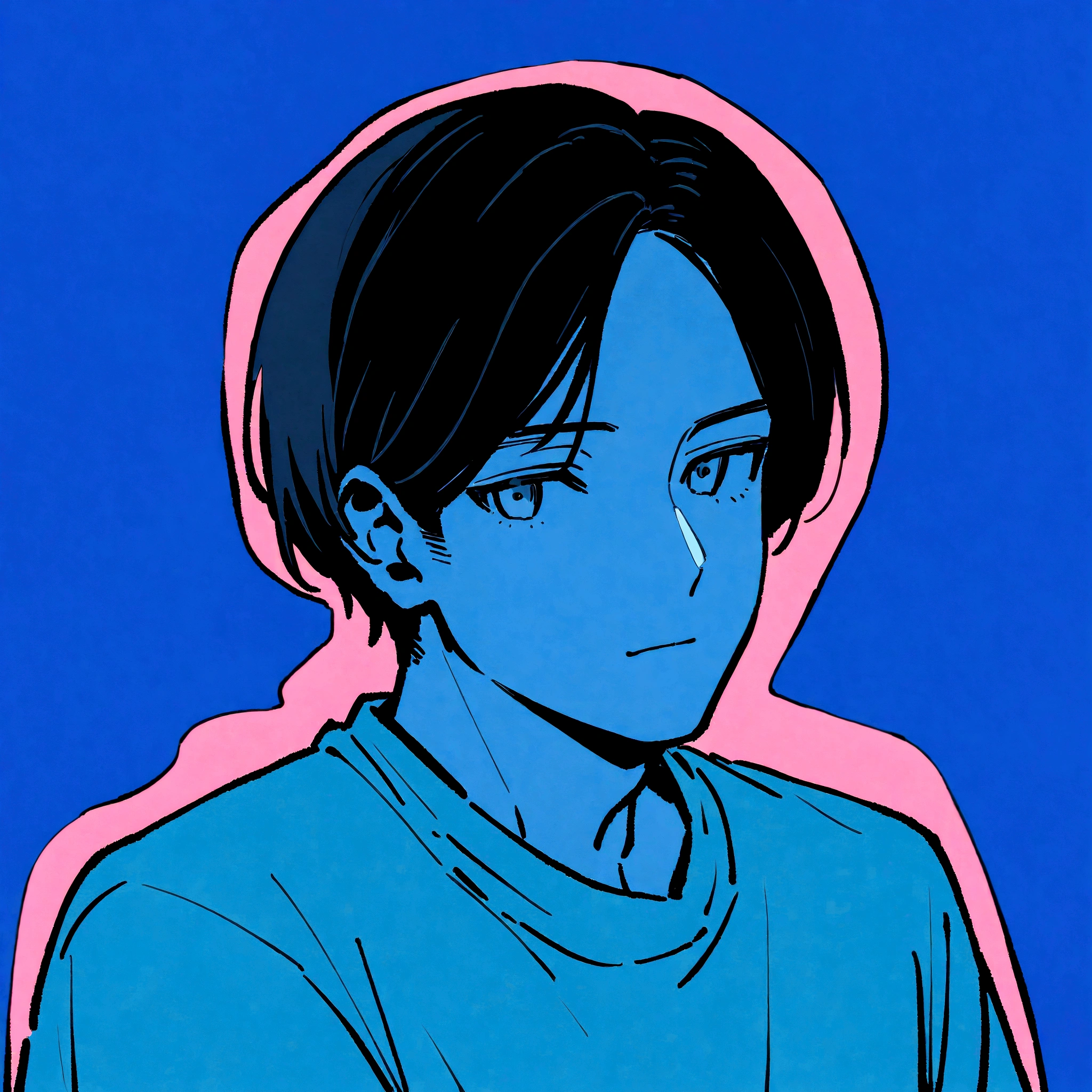 male、Beautifully straight, center parted、male、Medium black hair、profile、profileの待ち受け、黒髪のCenter part that exposes the forehead・profileのイラストアイコン,Black hair center part、Flat painting - Portrait:30代前半のmaleで、Hair should be parted in the center。 ·atmosphere:It has a stylish atmosphere.、Simple fill、With a bright feeling、Center part that exposes the forehead,Blue background、For SNS icons、T-Shirts、Solid blue background,Short cut、