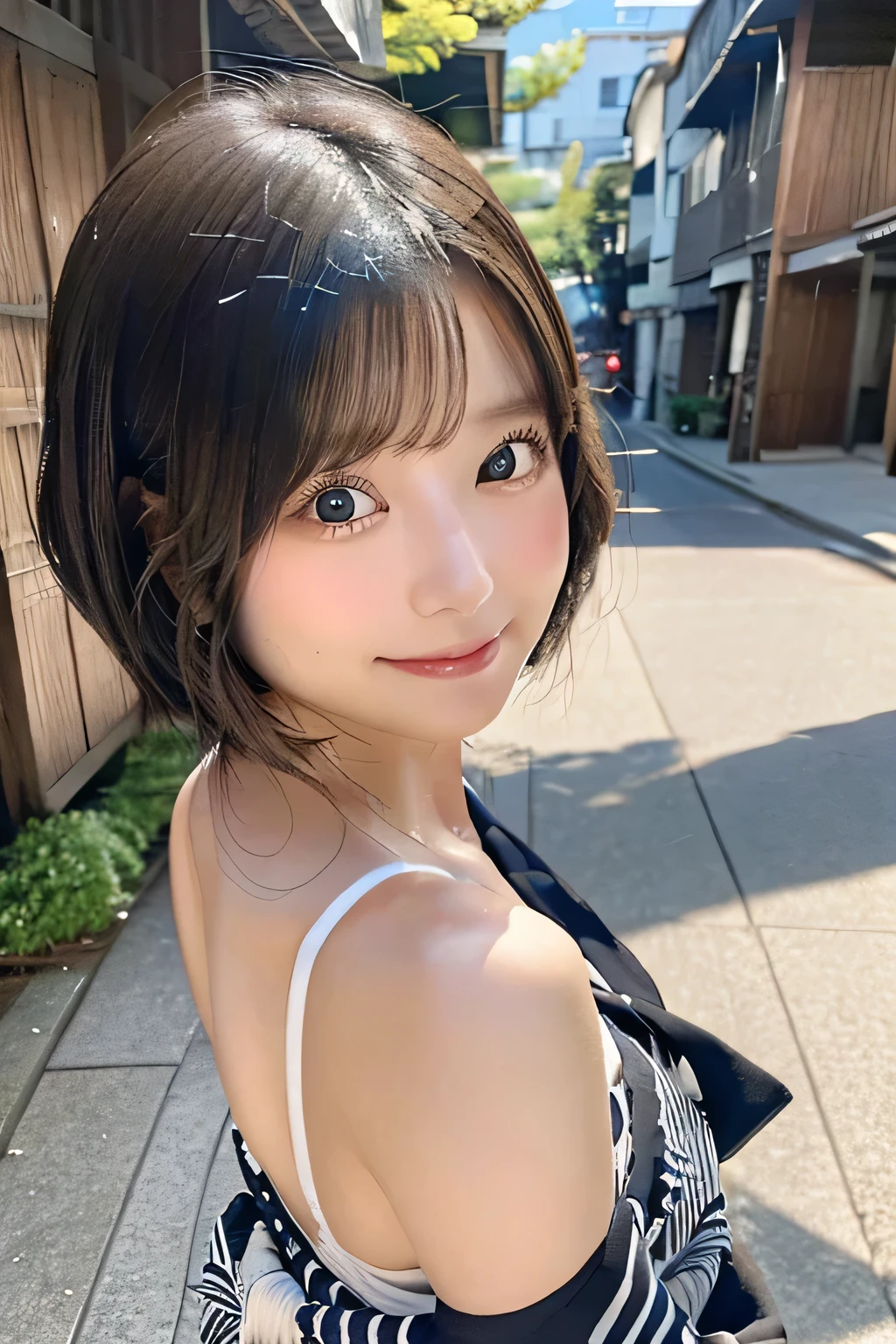 Top View、Beautiful nape、Back view、large exposed back、striped yukata、Beautiful black haired beauty、No makeup、(masterpiece、8K,RAW Photos、High resolution:1.4)、Emphasizes a soft, feminine look、 Reveal complex textures and patterns. Canon EOS R6 Mark II and Sigma 50mm f/2.Use in combination with 8/1.4 DG HSM Art Lens、シーンのあらゆるニュアンスがHigh resolutionでキャプチャされます。