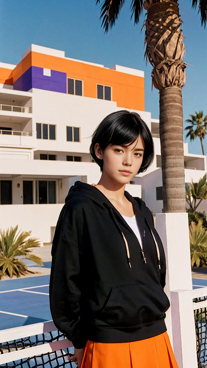 (long shot portrait :1.3), of cute 23 yo girl (perfect beautiful body ) ,beautiful face, (realistic face),(perfect natural breast),wear ((oversized orange hoodie)), wear ((purple tennis skirt)),looking viewer,Best Quality,Masterpiece,Ultra High Resolution,(Realisticity:1.4),Original Photo, 1Girl, light leak,ultra high resolution,UHD,beautiful, (black bob hair), almond eye, no makeup, in front of ((80's mondrian architecture motel)), (realistic:1.2), (surreal:1.3), (very detailed:1.1), ((masterpiece)),summer, blue sky, palm trees,sunny, los angles vibes,film camera, 800mm lens,style of Philip Lorca diCorcia,beautiful face, (realistic face), (black hair, short hair:1.3)