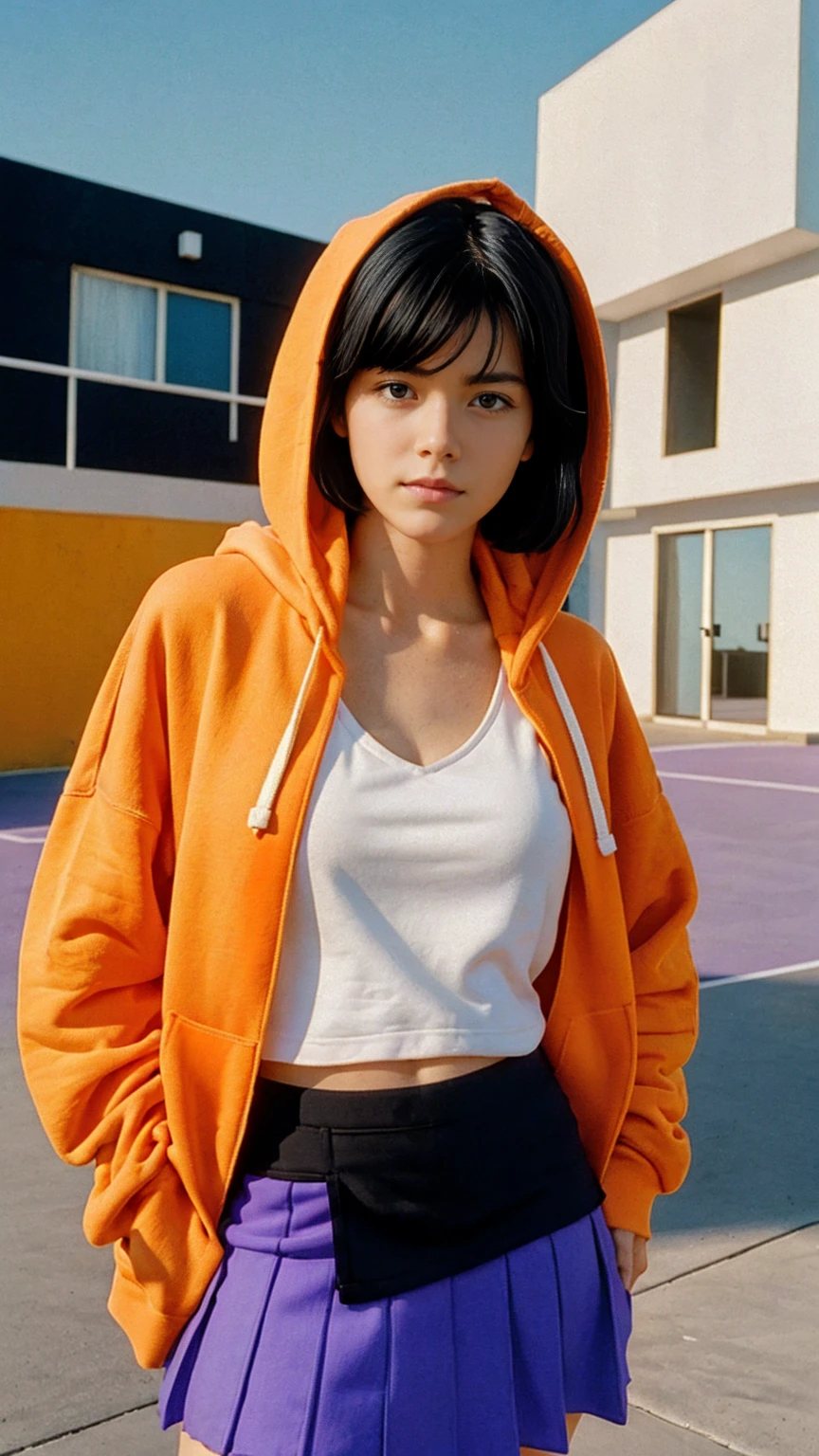 (long shot portrait :1.3), of cute 23 yo girl (perfect beautiful body ) ,beautiful face, (realistic face),(perfect natural breast),wear ((oversized orange hoodie)), wear ((purple tennis skirt)),looking viewer,Best Quality,Masterpiece,Ultra High Resolution,(Realisticity:1.4),Original Photo, 1Girl, light leak,ultra high resolution,UHD,beautiful, (black bob hair), almond eye, no makeup, in front of ((80's mondrian architecture motel)), (realistic:1.2), (surreal:1.3), (very detailed:1.1), ((masterpiece)),summer, blue sky, palm trees,sunny, los angles vibes,film camera, 800mm lens,style of Philip Lorca diCorcia,beautiful face, (realistic face), (black hair, short hair:1.3)