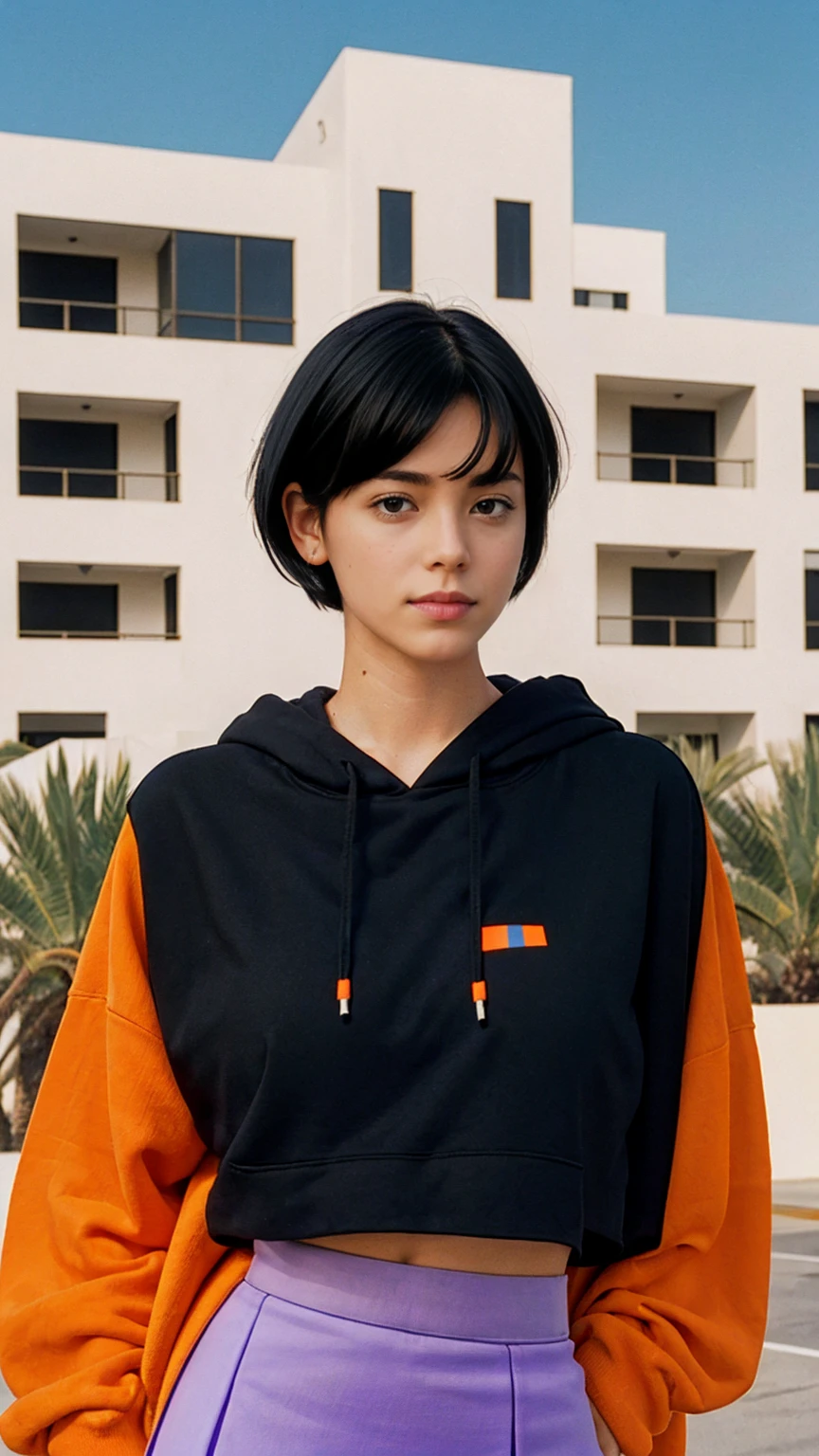 (long shot portrait :1.3), of cute 23 yo girl (perfect beautiful body ) ,beautiful face, (realistic face),(perfect natural breast),wear ((oversized orange hoodie)), wear ((purple tennis skirt)),looking viewer,Best Quality,Masterpiece,Ultra High Resolution,(Realisticity:1.4),Original Photo, 1Girl, light leak,ultra high resolution,UHD,beautiful, (black bob hair), almond eye, no makeup, in front of ((80's mondrian architecture motel)), (realistic:1.2), (surreal:1.3), (very detailed:1.1), ((masterpiece)),summer, blue sky, palm trees,sunny, los angles vibes,film camera, 800mm lens,style of Philip Lorca diCorcia,beautiful face, (realistic face), (black hair, short hair:1.3)