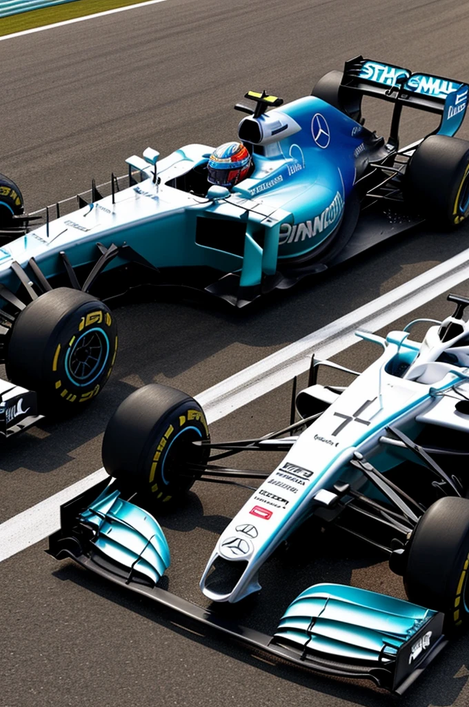 A Formula 1 single-seater, of the Mercedes team with dominant white colors and blue details in logos and shields