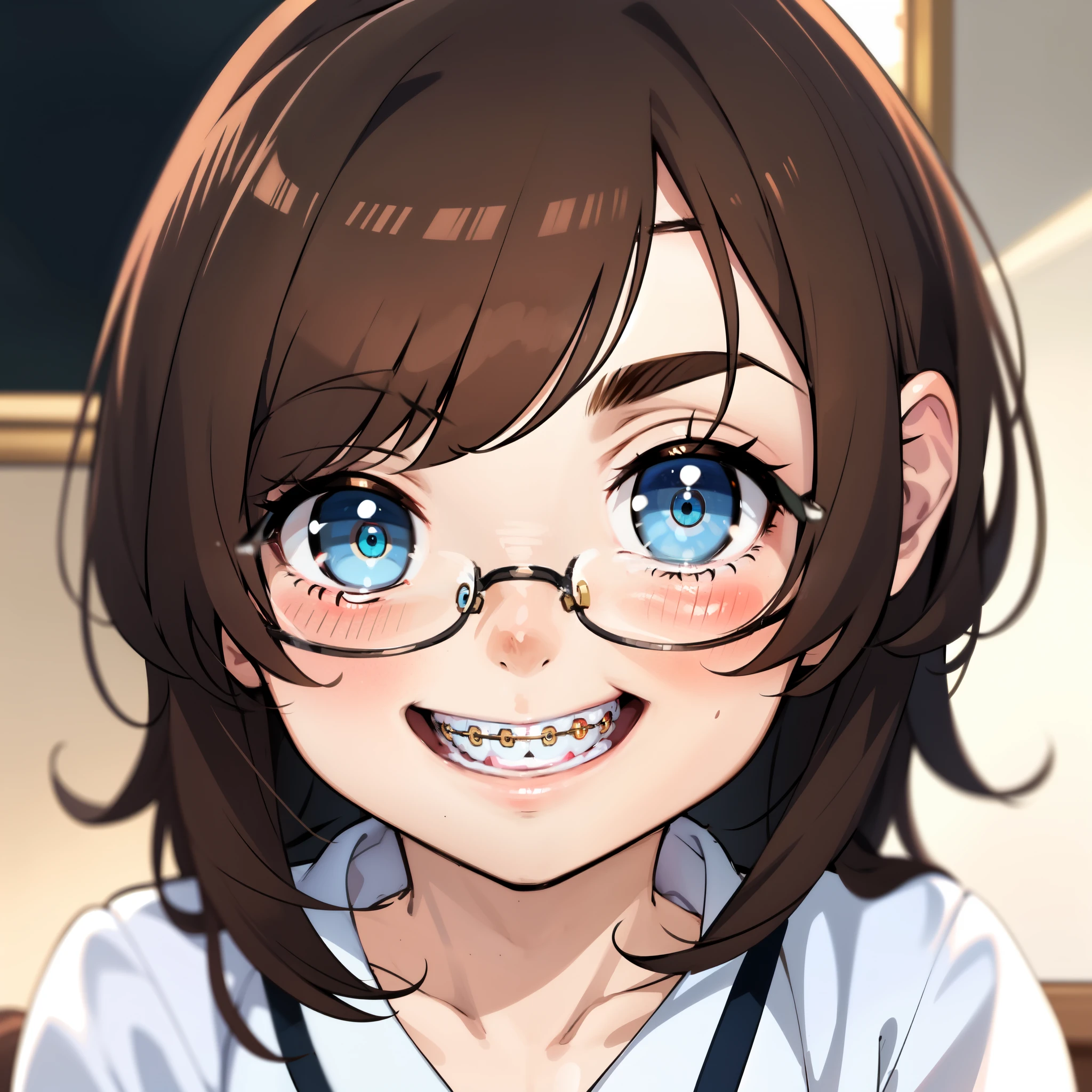 1girl, seductive eyes, braces, glasses, smiling, cute, face focus, blue eyes, blush, brown hair, best quality, masterpiece, highres