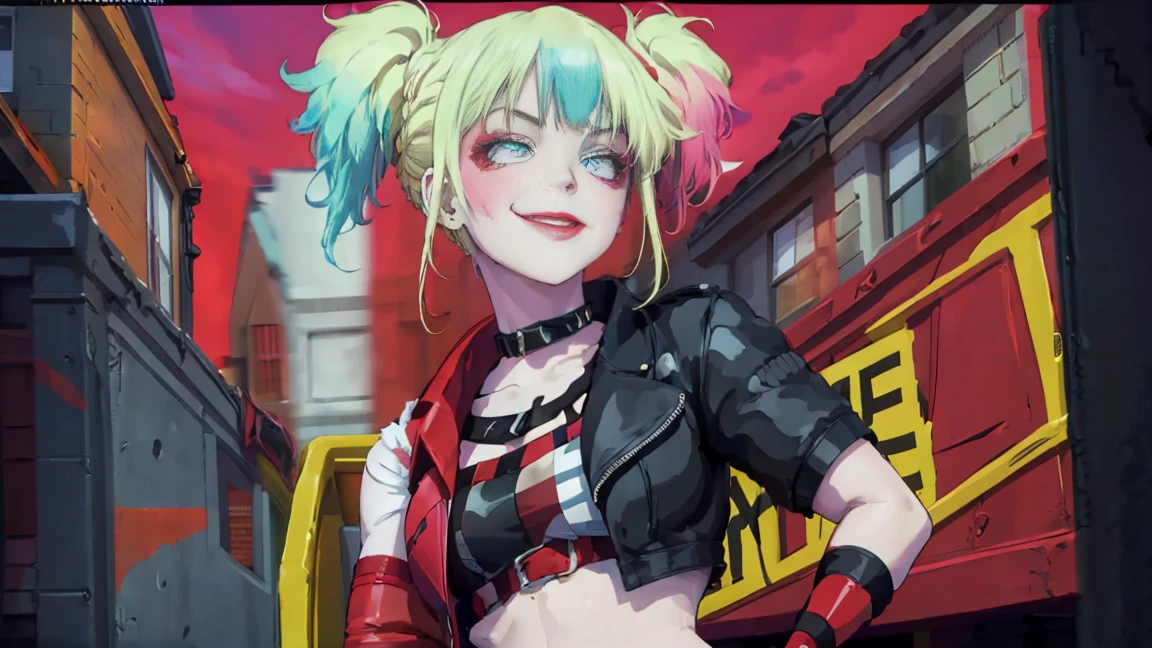 masterpiece, Best quality, A high resolution, 1 girl, hair braided in two short ponytails, very detailed eyes, Fine detail, Correct anatomy 1.1., Harley Quinn from Suicide Squad, open jacket with short sleeves shorts studded belt mesh belt chain gloves bracelet hand on hip, smile, woman, adult girl, real photos、smile, tmasterpiece, (pink kimono), seductive face, Ideal girl, perfect details, Ultra HD |, 8 k, professional photo, anime style,