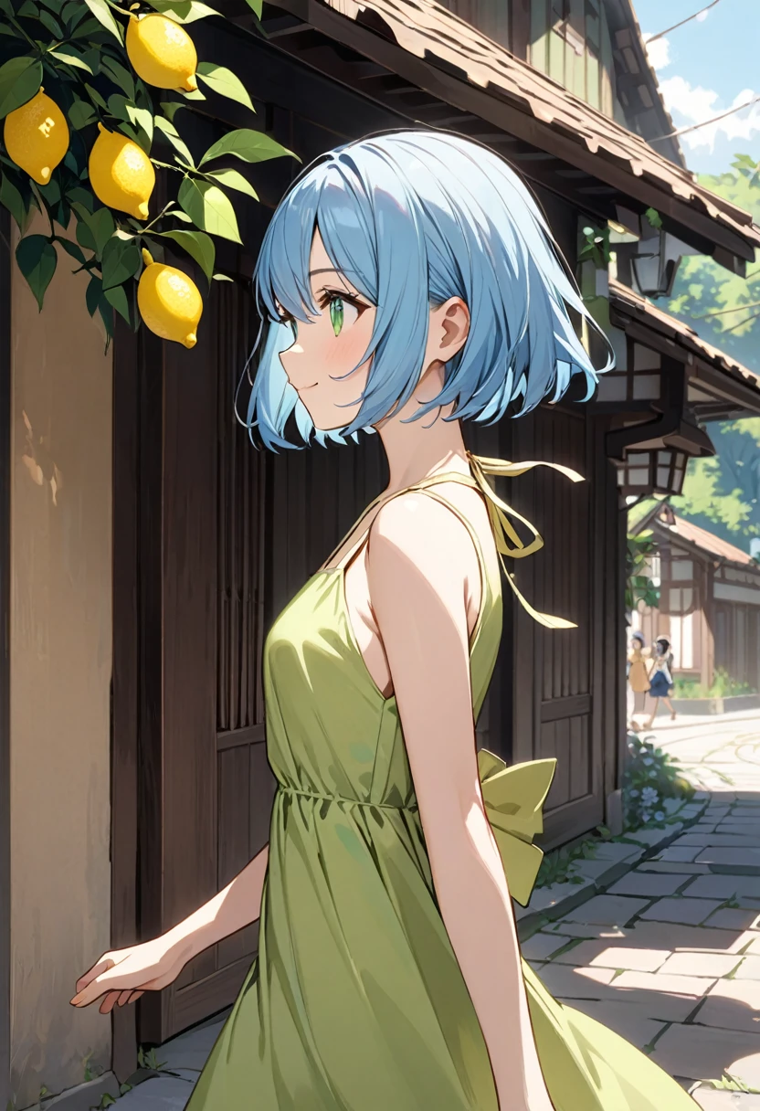 Light blue hair、Short Bob、Deep green eyes、Small breasts、25 years old,lemon sleeveless dress、Sandals、Walking happily、Sideshot、upper body