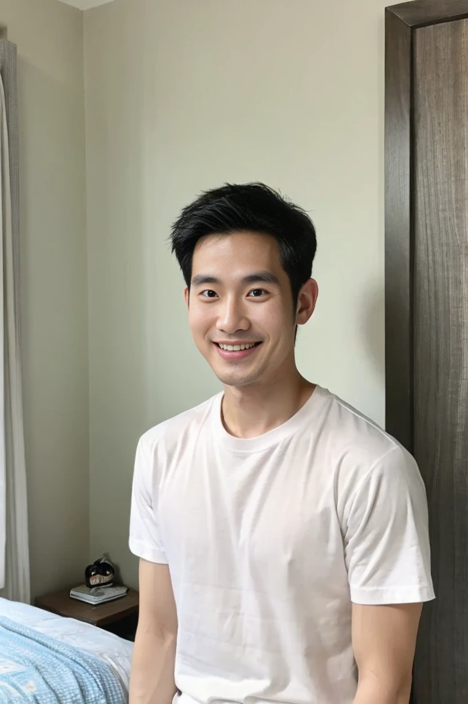 Korean man, Inspiration from Peng Yuyan, 30 years old, 236 years old, Cute Korean Face, 35 yo, 33 year old Korean muscular man,The bedroom is at the back. white t-shirt, open mouth smile